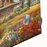 Close-up of a vibrant acrylic glass wall art piece depicting a serene countryside landscape, featuring lush greenery and rolling hills, perfect for home decor.