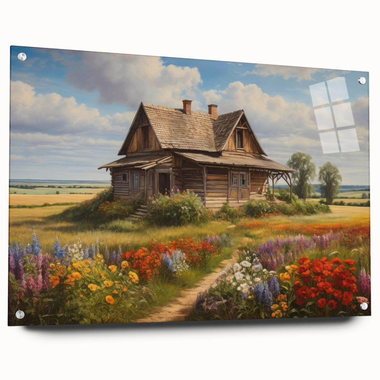 Acrylic glass wall art showcasing a vibrant countryside landscape design with intricate details, displayed in a side view, featuring elegant pins for mounting. Ideal for enhancing home decor with a touch of nature-inspired elegance.
