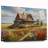 Acrylic glass wall art showcasing a vibrant countryside landscape design with intricate details, displayed in a side view, featuring elegant pins for mounting. Ideal for enhancing home decor with a touch of nature-inspired elegance.