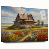Acrylic wall art print showcasing a serene countryside landscape, featuring vibrant green fields and a clear blue sky, elegantly displayed from a side view without pins.