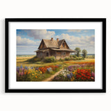 Black-framed wall art featuring a serene countryside landscape design with vibrant greens and soft blues, perfect for home decor and enhancing interior aesthetics.