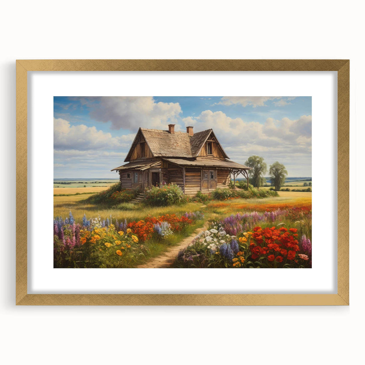 Elegant framed wall art showcasing a serene countryside landscape, featuring a gold mat and frame, perfect for enhancing home decor with a touch of nature.