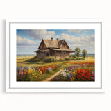 Framed wall art featuring a serene countryside landscape design, showcasing vibrant greens and soft blues, with a white mat and sleek frame for elegant home decor.