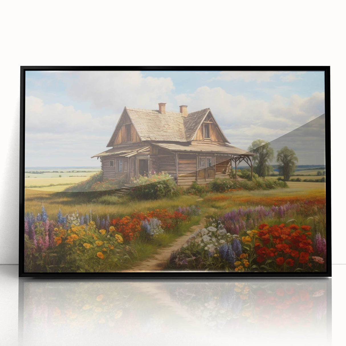 Framed wall art featuring a picturesque countryside landscape design, presented in a sleek black frame, ideal for home decor and enhancing interior aesthetics.