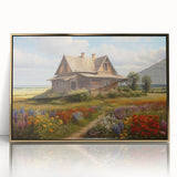 Framed wall art showcasing a serene countryside landscape with rolling hills and lush greenery, highlighted by a gold-accented frame for an elegant touch.