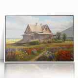 Framed acrylic wall art showcasing a serene countryside landscape design, featuring vibrant greenery and a tranquil sky, ideal for home decor.