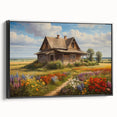 Framed canvas wall art depicting a serene countryside landscape design with vibrant green fields and a clear blue sky, showcasing a black frame for an elegant finish.