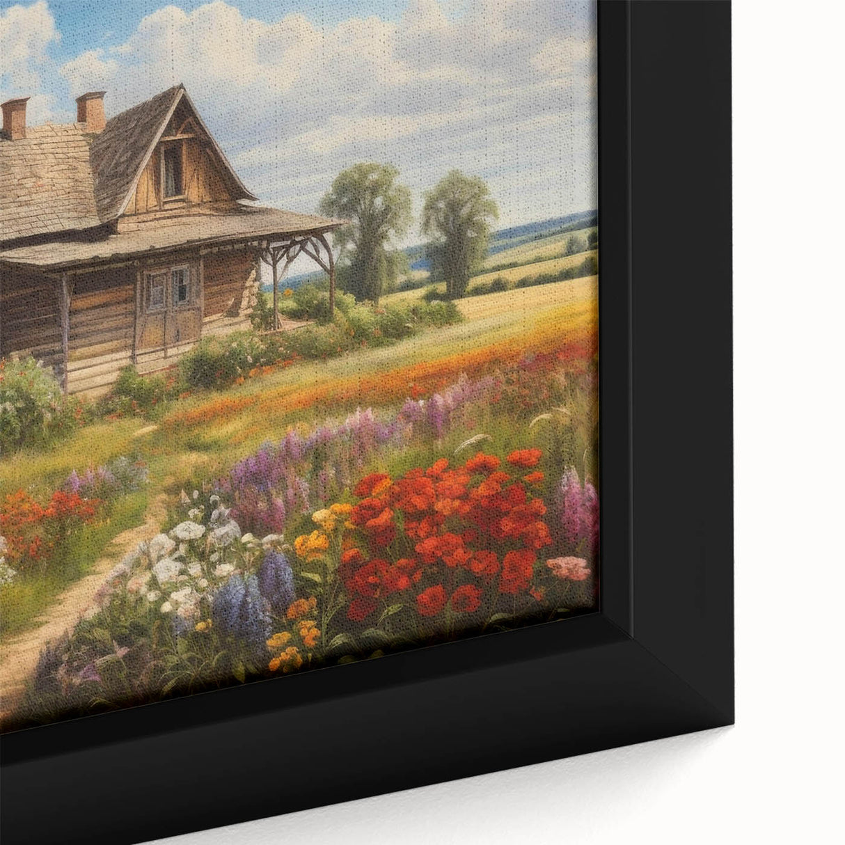 Framed canvas wall art showcasing a vibrant countryside landscape with lush greenery and a serene sky, ideal for home decor and art enthusiasts.