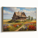 Framed canvas wall art showcasing a serene countryside landscape design, featuring lush greenery and rolling hills with a gold frame, ideal for home decor.