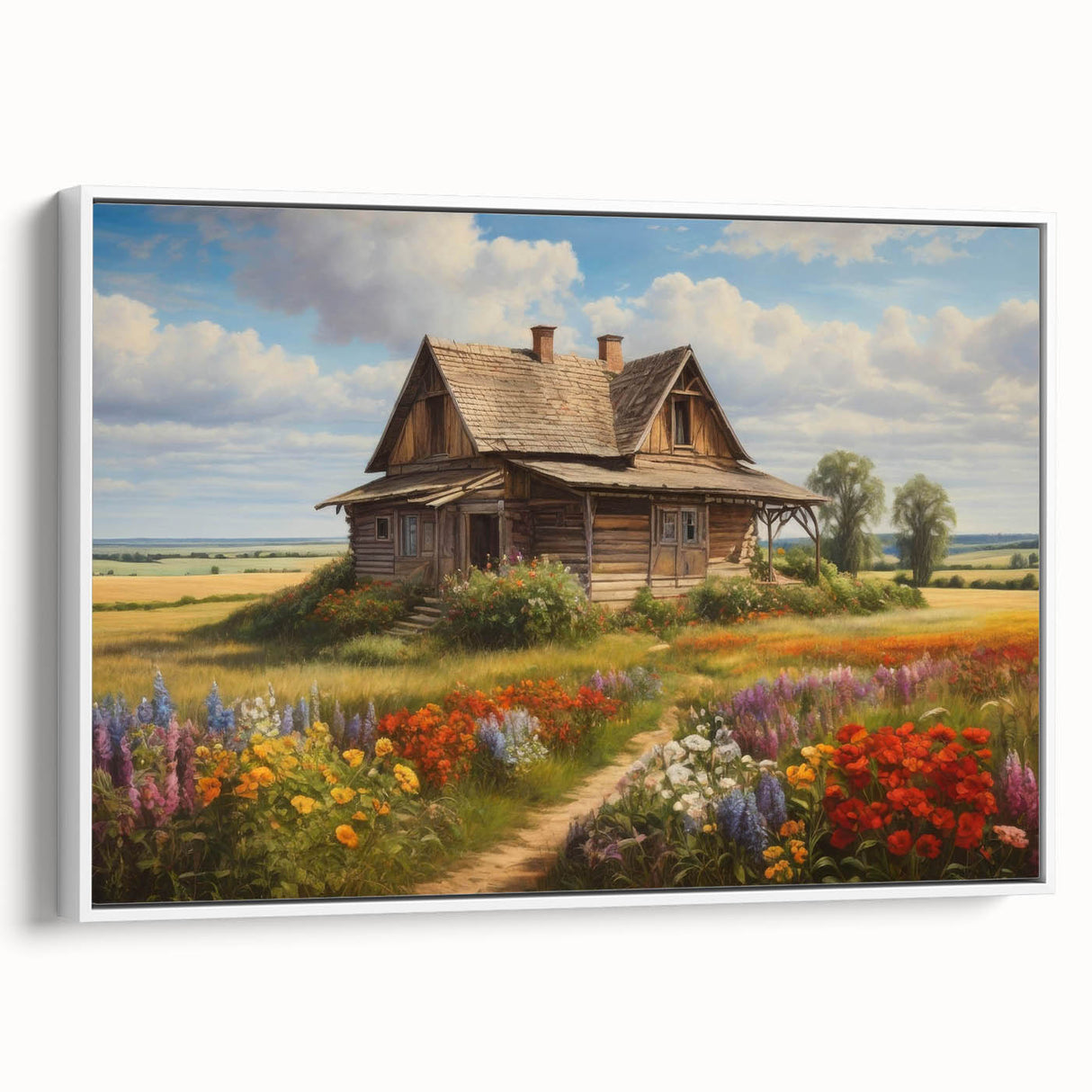 Framed landscape wall art showcasing a serene countryside scene with rolling hills and a soft pastel sky, perfect for home decor. The canvas is elegantly displayed with a white frame, enhancing its aesthetic appeal.