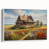 Framed landscape wall art showcasing a serene countryside scene with rolling hills and a soft pastel sky, perfect for home decor. The canvas is elegantly displayed with a white frame, enhancing its aesthetic appeal.