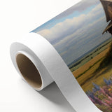 Rolled canvas wall art showcasing a serene countryside landscape design with vibrant green fields and a blue sky, perfect for home decor or art collection.