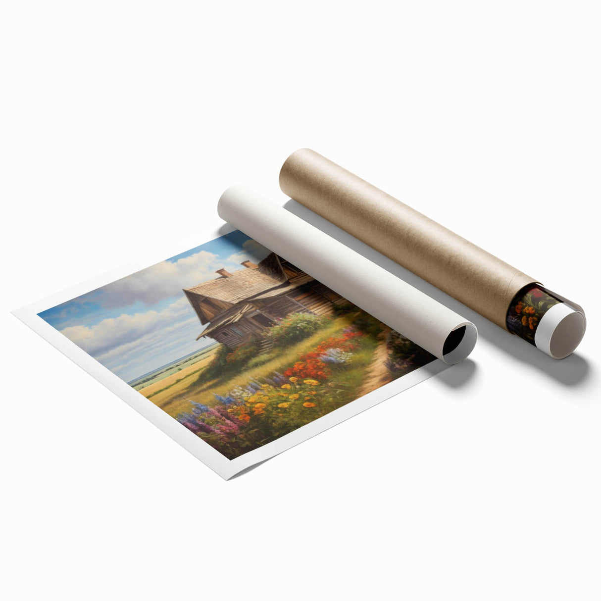 Serene countryside landscape wall art print showcasing vibrant green hills and a tranquil blue sky, rolled and ready for framing, ideal for home decor.