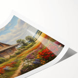 Rolled print of a serene countryside landscape featuring rolling hills, lush greenery, and a vibrant sunset sky, ideal for home decor and artistic ambiance.