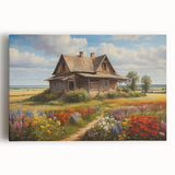 Stretched canvas wall art depicting a serene countryside landscape with rolling hills, vibrant green fields, and a clear blue sky, perfect for home decor.