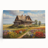 Elegant stretched canvas wall art depicting a serene countryside landscape with lush green fields and a vibrant sunset, perfect for home decor.