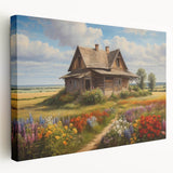Stretched canvas wall art depicting a serene countryside landscape with vibrant green fields and a clear blue sky, perfect for home decor.