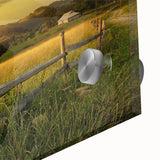 Close-up of a vibrant acrylic glass wall art piece depicting a serene countryside landscape, featuring lush green fields and a clear blue sky, perfect for home decor.