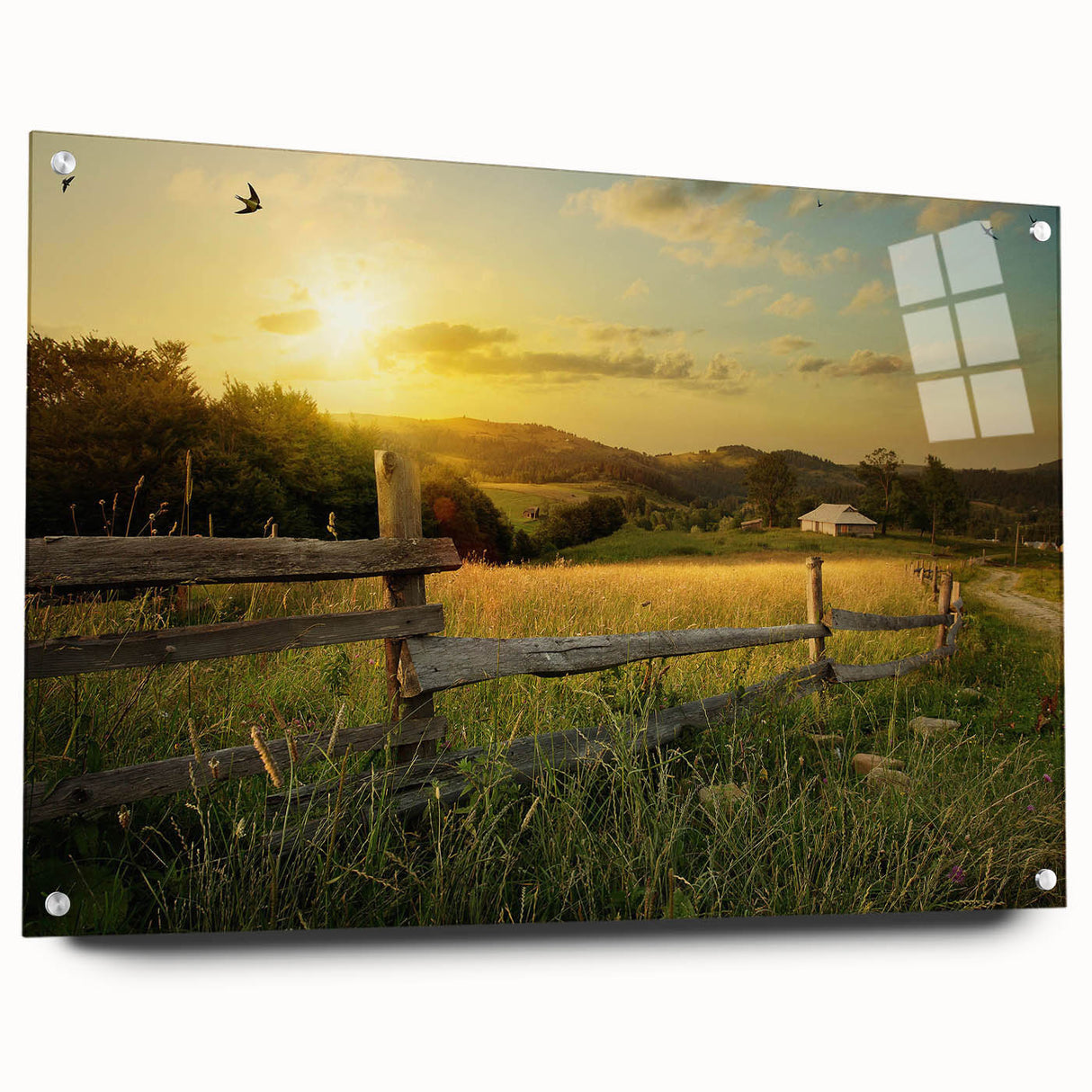 Acrylic glass wall art piece showcasing a vibrant countryside landscape design, displayed in a side view with decorative pins, ideal for home decor.
