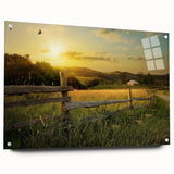 Acrylic glass wall art piece showcasing a vibrant countryside landscape design, displayed in a side view with decorative pins, ideal for home decor.