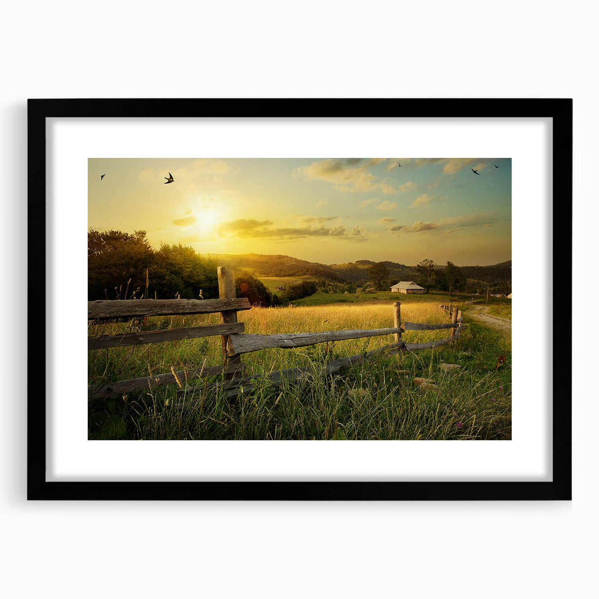 Black-framed wall art showcasing a serene countryside landscape design, featuring lush green fields and a blue sky, perfect for home decor enhancement.