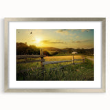 Framed landscape wall art showcasing a serene countryside scene with vibrant colors, silver matting, and sleek design, perfect for home decor enhancement.