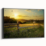 Framed canvas wall art showcasing a serene countryside landscape design with lush greenery and a tranquil sky, presented from a black side view perspective.
