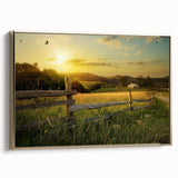 Framed canvas wall art showcasing a serene countryside landscape design, featuring lush green fields and a tranquil sky, elegantly bordered in gold for a sophisticated touch.