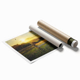 Vibrant rolled print showcasing a serene countryside landscape with rolling hills, lush greenery, and a bright blue sky, perfect for home decor.