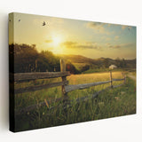 Stretched canvas wall art showcasing a serene countryside landscape with rolling hills, vibrant greenery, and a peaceful sky, perfect for home decor.