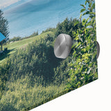 Close-up of a stunning acrylic glass wall art piece showcasing a vibrant countryside landscape design, featuring rich colors and detailed textures, perfect for home decor.