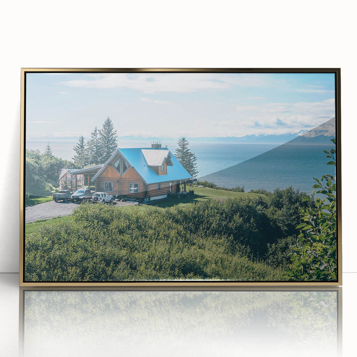 Framed wall art showcasing a vibrant countryside landscape with rolling hills and a golden acrylic finish, perfect for adding elegance to home decor.