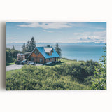 Stretched canvas wall art showcasing a serene countryside landscape with vibrant green fields and a clear blue sky, perfect for home decor.