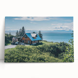 Stretched canvas wall art showcasing a serene countryside landscape design with vibrant greenery and soft skies, perfect for home decor enhancement.