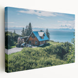 Stretched canvas artwork of a serene countryside landscape featuring rolling hills, vibrant green fields, and a clear blue sky, ideal for home decor.