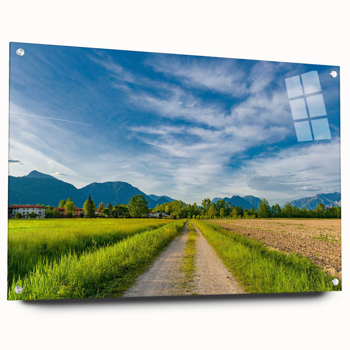 Acrylic glass wall art featuring a vibrant countryside landscape design, showcasing rich colors and intricate details, mounted with pins for easy display.