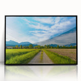 Framed acrylic wall art showcasing a vibrant countryside landscape design with a black frame, perfect for home decor and adding a touch of nature to interiors.