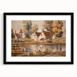 Framed black wall art showcasing a serene countryside landscape design, featuring vibrant greens and blues, ideal for enhancing home decor aesthetics.