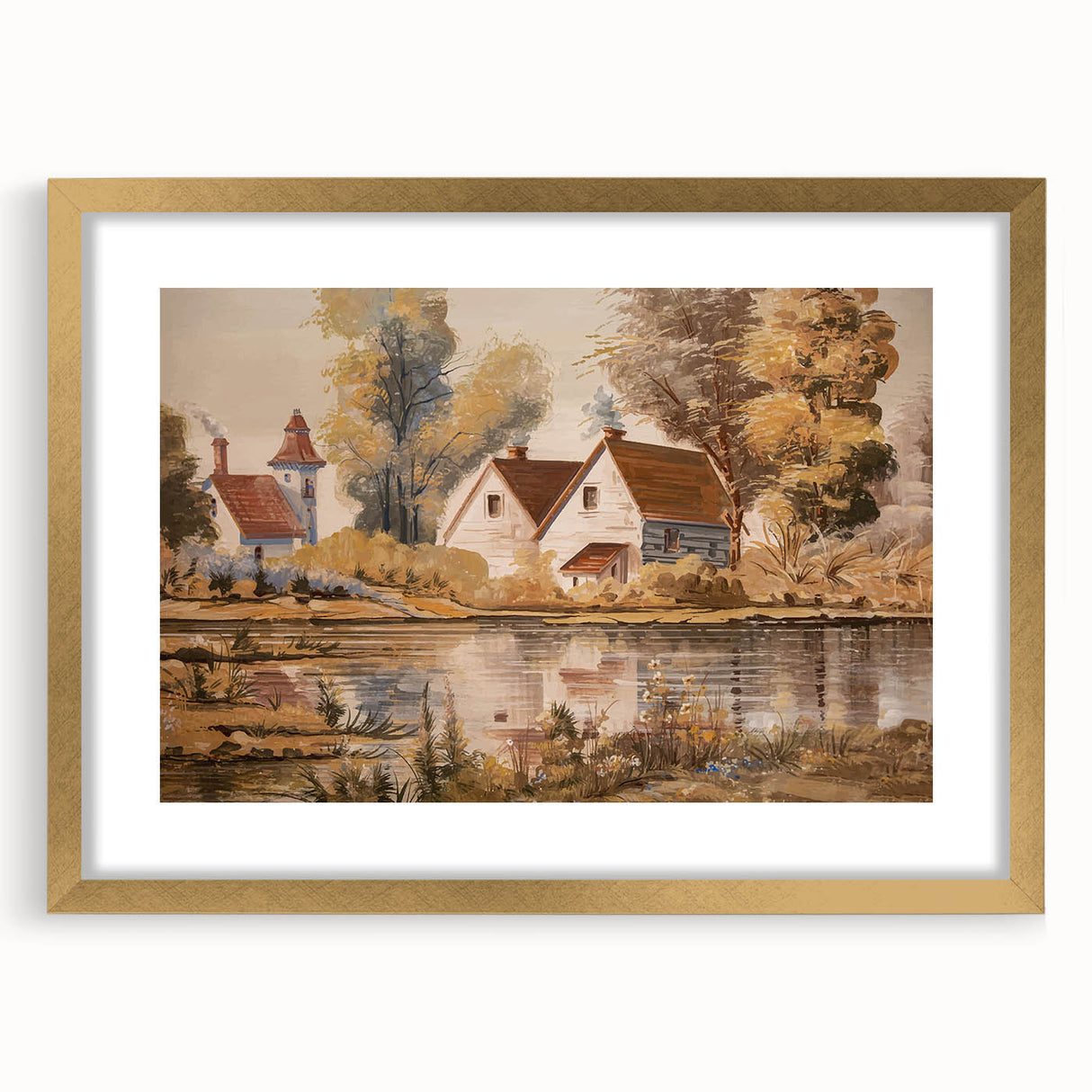 Elegant framed wall art collection showcasing a scenic countryside landscape design with a gold mat and frame, perfect for home decor enhancement.