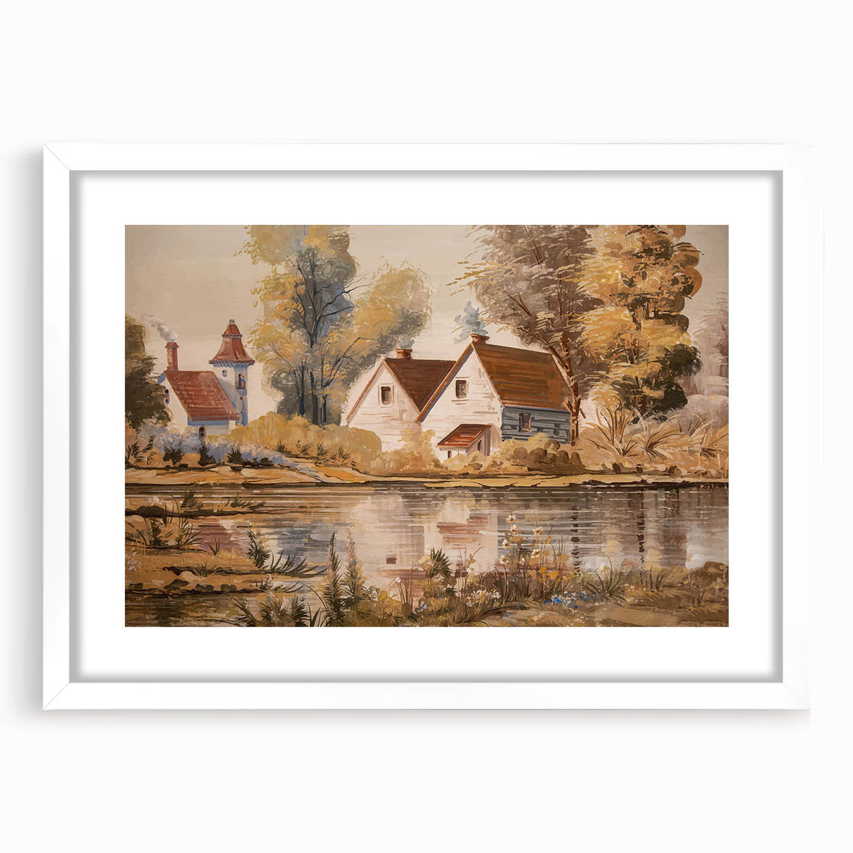 Framed wall art collection showcasing serene countryside landscapes in muted colors, featuring a white mat and stylish frame, perfect for home decor.