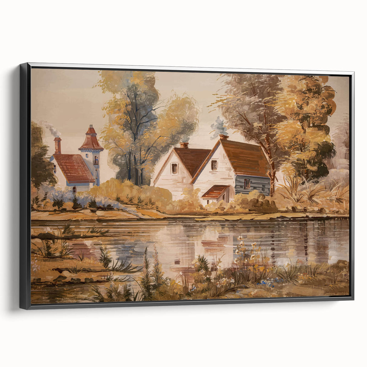 Framed black canvas wall art depicting a serene countryside landscape, showcasing vibrant green fields and rolling hills, perfect for home decor enthusiasts.