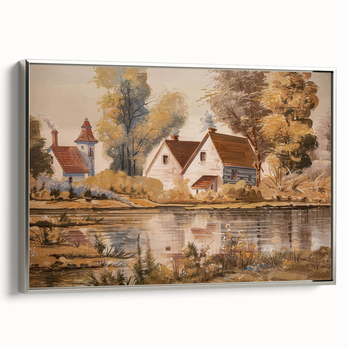 Framed canvas wall art showcasing a serene countryside landscape design, featuring vibrant green fields and a tranquil sky, elegantly bordered with a silver frame.