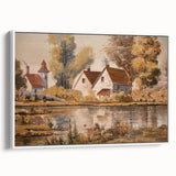 Framed canvas wall art showcasing a serene countryside landscape design, featuring lush green fields and a clear blue sky, perfect for home decor.