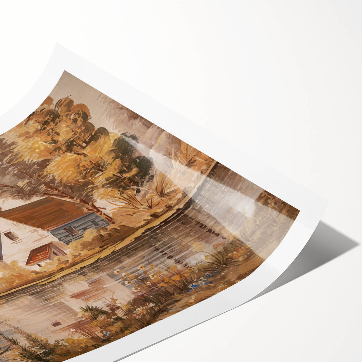 Scenic countryside wall art print showcasing vibrant green fields and a serene sunset, rolled for easy framing and shipping, ideal for home decor.