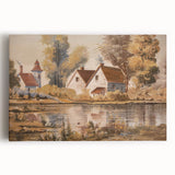 Stretched canvas wall art showcasing a serene countryside landscape with lush green fields, vibrant blue skies, and a tranquil farmhouse, perfect for home décor.