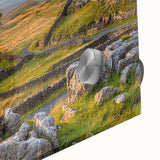 Close-up of a vibrant acrylic glass wall art piece depicting a serene countryside landscape, showcasing lush greens, rolling hills, and a clear blue sky, perfect for home decor.