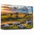 Acrylic glass wall art featuring a serene countryside landscape design with vibrant colors and intricate details, displayed in a side view with decorative pins.