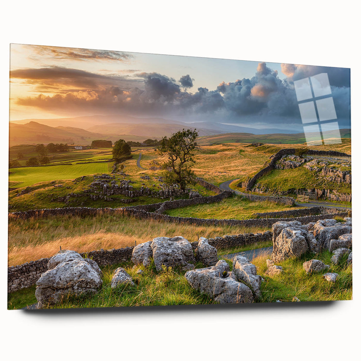 Acrylic glass wall art piece showcasing a serene country landscape design, featuring vibrant colors and intricate details, perfect for home decor or office spaces.