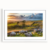 Framed landscape wall art depicting a serene countryside scene with lush greenery and a vibrant sky, featuring a white mat for an elegant finish, perfect for home decor.
