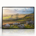 Framed acrylic wall art showcasing a serene countryside landscape design with vibrant colors, presented in a sleek black frame, perfect for home decor.